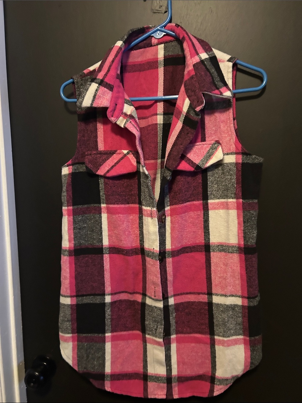 Sleeveless Pink Plaid Button-Front Women's Shirt Vest